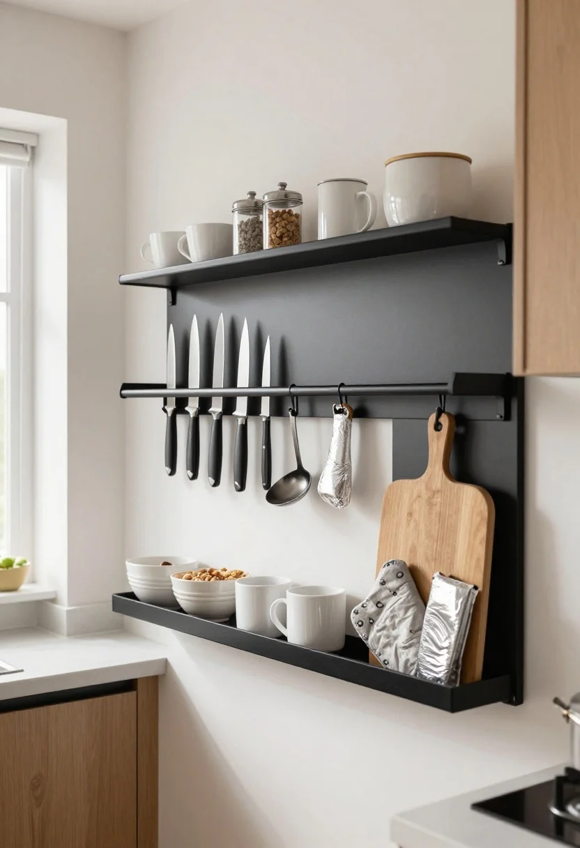 Photorealistic medium shot of a tiny modern kitchen wall transformed with vertical storage: matte black magnetic knife strip holding chef’s knives and metal spice tins, a slim rail system with S-hooks displaying ladles, strainers, and oven mitts, shallow floating shelves with daily-use white mugs and cereal bowls, and an over-cabinet door rack peeking out with cutting boards and aluminum foil. Neutral palette of white walls, light wood cabinets, matte black hardware; natural morning light from the left, clean counters emphasizing “build up, not out.”