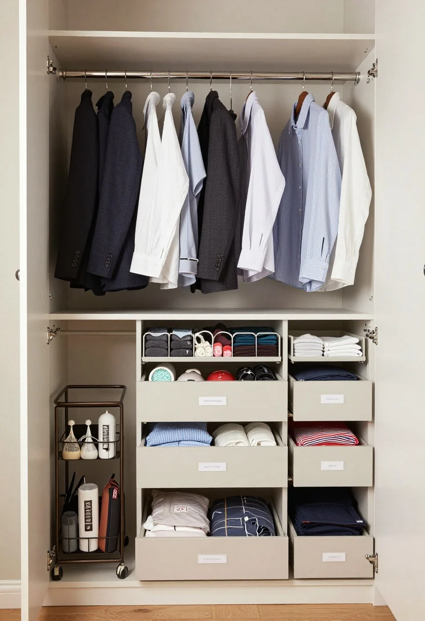 Photorealistic medium shot of the dead zone under short-hanging clothes transformed with storage: modular drawer units and cube organizers tucked beneath shirts and blazers on the rod. Top drawers open to show neat rows of underwear, socks, camis, and tights with soft dividers; middle drawers reveal file-folded workout sets, pajamas, and tees; bottom drawers contain vacuum-bagged off-season items. A skinny rolling cart at one side holds accessories, lint rollers, and travel pouches. Neutral finishes, organized labels, soft closet lighting. Straight-on view.