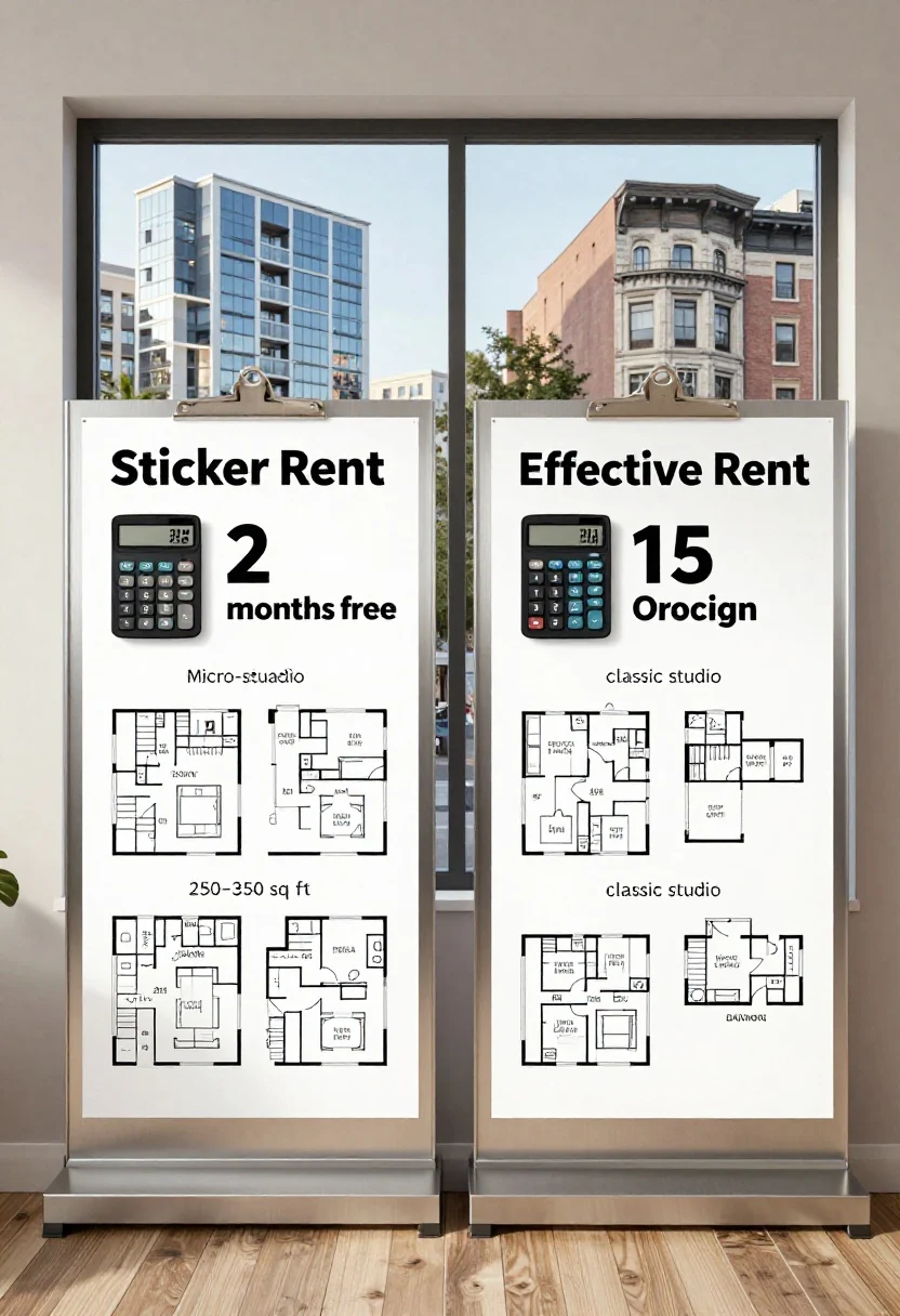 Photorealistic medium shot of two side-by-side apartment leasing offices’ display boards comparing “Sticker Rent” vs “Effective Rent,” with a calculator, lease with “2 months free” highlighted, and printed floor plans for a micro-studio (250–350 sq ft) and a classic studio; include visuals of a glossy mid-rise with sleek finishes in the background window view and an older vintage walk-up across the street, early afternoon natural light, neutral palette with brushed metal clipboards and matte paper textures, focus on the pricing spread and clean typography