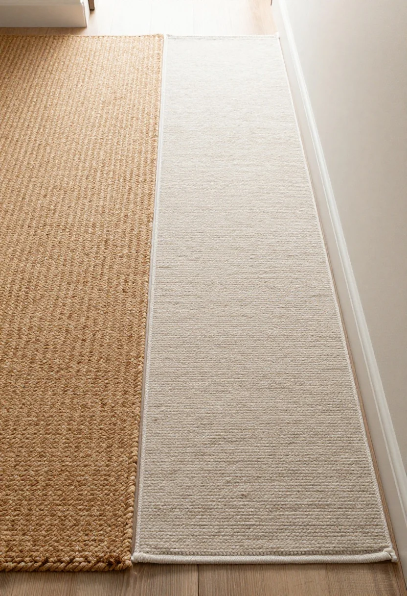 Photorealistic overhead detail shot focusing on layered rugs at an apartment threshold: a natural coir doormat or ribbed indoor-outdoor mat at the door catching dirt, with a low-pile neutral-tone runner extending into a narrow hallway; matched tones rather than patterns—texture-forward coir paired with a simple, light runner; the runner is slightly narrower than the hallway to reveal strips of flooring along both sides, creating negative space; soft daylight grazing across the fibers to highlight texture
