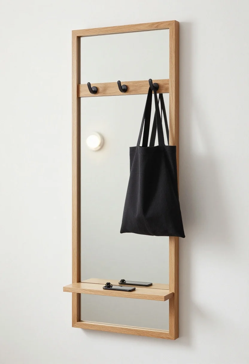Photorealistic straight-on medium shot of a mirror-first minimalist vignette: a full-length mirror with a light oak frame mounted 3–5 inches off the floor for a floating effect on white walls; to one side, a single black architectural wall hook holding a daily bag; beneath the mirror, an ultra-slim wall tray or micro shelf no deeper than a smartphone for keys; tight palette of two neutrals and one accent (white walls, light oak frame, black metal hook); optional soft glow from a globe sconce or discreet rechargeable puck light above, enhancing reflections and space without adding clutter