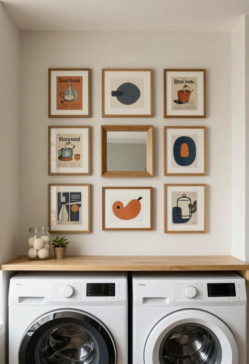Photorealistic straight-on medium shot of the wall above a washer/dryer transformed into a mini gallery: consistent oak frames arranged in a tight grid featuring playful vintage laundry ads, abstract shapes, and one small mirror reflecting light; a slim picture ledge holding a glass jar of wool dryer balls and a tiny potted plant; neutral wall, soft daylight bouncing from the mirror, minimizing attention to the discreet dryer vent; mood curated and artsy without clutter