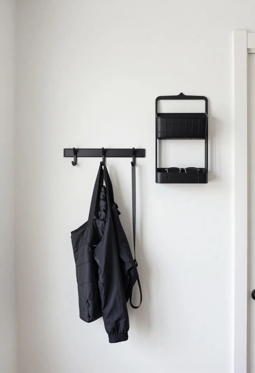 Photorealistic straight-on wide shot of a vertical utility wall in a tiny hallway: a slim black metal wall-mounted rail with S-hooks holding a single tote bag, a lightweight jacket, and a dog leash; above it, a narrow black mail rack; to the side, a folding hook in matching black metal collapsed flush to the wall; a tiny hanging basket for sunglasses and SPF; consistent single metal finish (black) throughout for a minimalist look; white walls, no floor furniture, soft even ambient lighting emphasizing the vertical organization