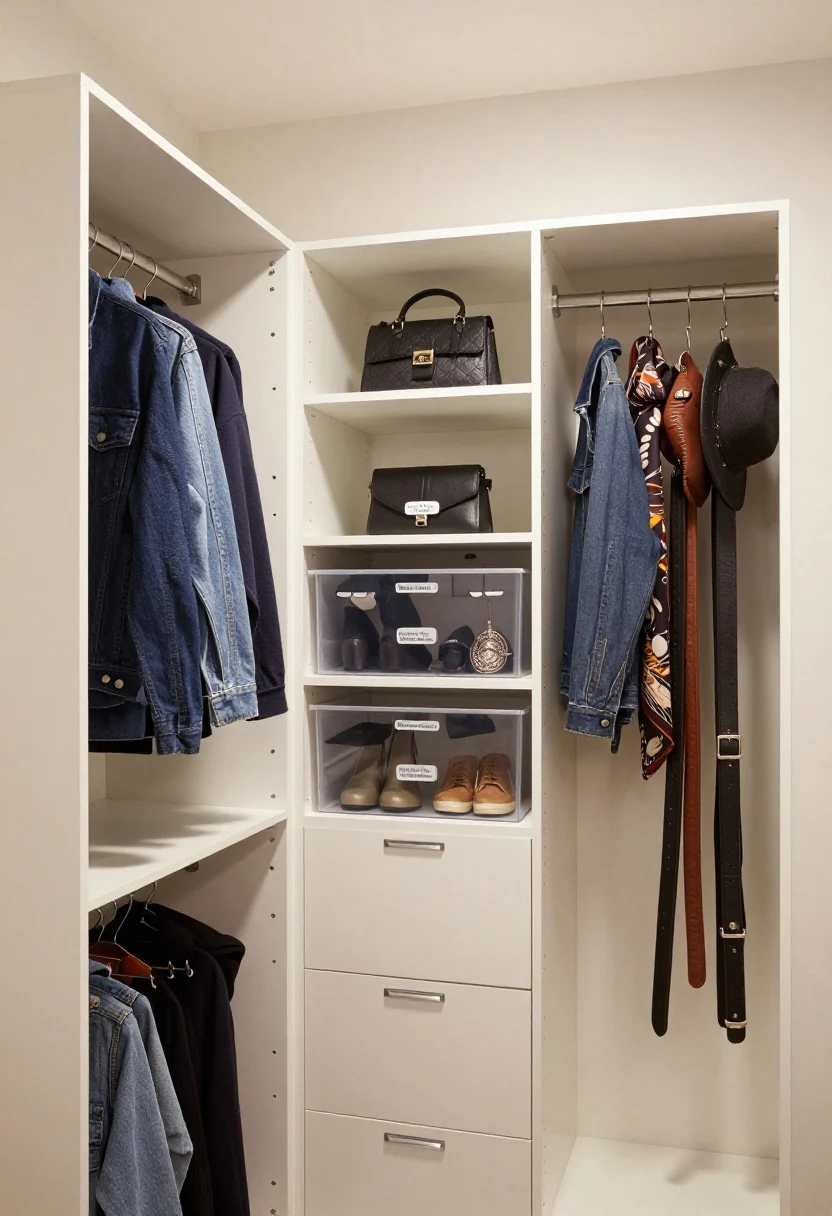 Photorealistic wide shot of a compact closet using vertical storage: white shelf risers doubling a single shelf to neatly hold sweaters, denim, and a few structured handbags; clear front-open stacking bins labeled “Black Tanks,” “Workout Sets,” and “Winter Accessories” allow access without unstacking; an over-the-door organizer on the closet door displays shoes, scarves, belts, and hats. Neutral walls, soft ambient lighting, labels crisp and front-facing. Slight corner angle to show depth and the skyscraper effect.