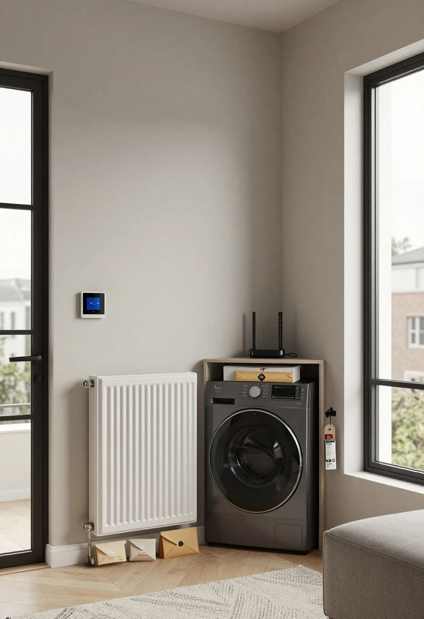 Photorealistic wide shot of a compact studio living area showing a smart thermostat on the wall, a slim radiator beneath a large window, and a small stackable laundry setup tucked in a closet; include labeled envelopes on a console for “Utilities,” “Internet,” “Amenities,” and “Trash/Pest,” with a pet carrier near the door and a parking pass hanging on a hook; soft daylight and shared-wall context (neighboring building visible), muted greige walls and matte black hardware, realistic cable modem on a shelf to hint same-cost internet