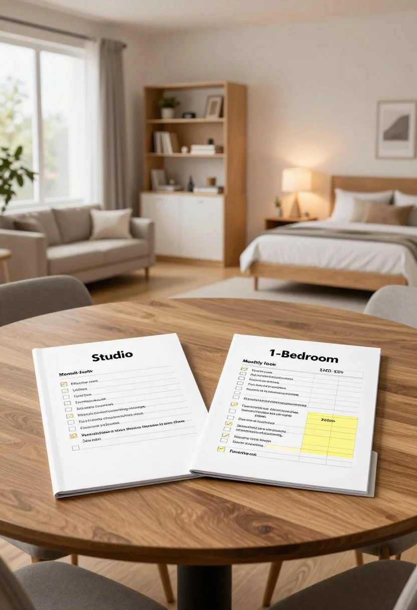 Photorealistic wide shot of a decision-board style setup on a dining table: two neatly arranged folders labeled “Studio” and “1-Bedroom” with checklists for effective rent, utilities, furniture audit, lifestyle costs (coffee shops/coworking/storage), and notes about touring at different times; include side-by-side printed monthly totals with a highlighted price gap under $200–$250; background shows a well-zoned studio mockup with great lighting and smart storage versus a peek into a separate bedroom suggesting sleep/work/storage benefits; early evening ambient light, calm, balanced composition