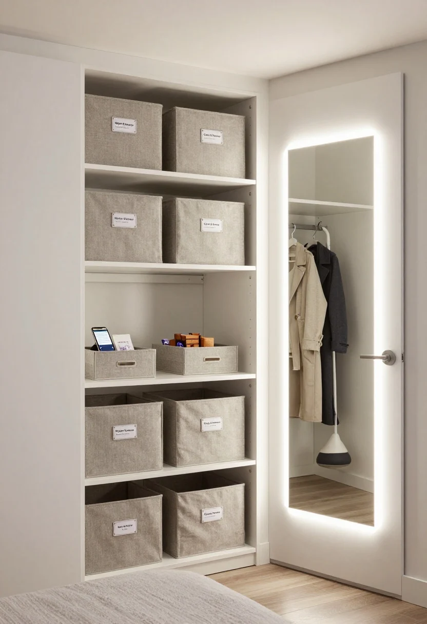 Photorealistic wide shot of a freshly edited, seasonally rotated small closet: matching neutral fabric boxes and top-shelf bins labeled “Winter Knitwear” and “Coats & Scarves,” under-bed bins partially visible beneath a nearby bed; cedar blocks or lavender sachets peeking from an open box; a phone on a shelf with a visible note list icon; stick-on rechargeable LED light bars under shelves and along the door frame casting bright, even illumination; a full-length door mirror reflecting the tidy space; a few adhesive hooks inside holding a steamer and tomorrow’s outfit. Clean, elevated mood, straight-on perspective.