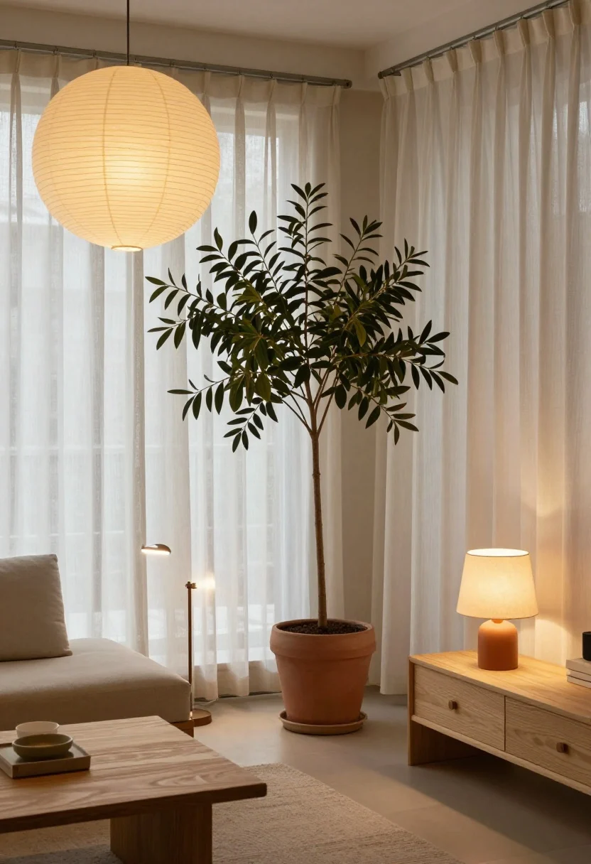 Photorealistic wide shot of a serene Japandi living area emphasizing nature and layered lighting: a single larger architectural plant (rubber tree or olive) in an unglazed terracotta or matte ceramic pot near a window with sheer, unlined curtains hung on rods extended wider than the frame to “fake” a bigger view. Lighting is layered: ambient paper lantern pendant overhead, a slim task floor lamp beside a low sofa, and an accent table lamp with a linen shade on a light wood side table. Use warm LEDs (2700–3000K) casting cozy, flattering light on light wood furniture; evening golden-hour ambience, no people, calm and intentional composition.
