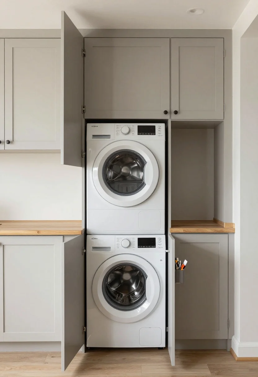 Photorealistic wide shot of a stackable washer/dryer framed by modular flat-pack pantry cabinets (12–15 inches deep) on both sides, topped with a continuous butcher block counter for folding; fronts in slatted or shaker doors, painted soft greige with discreet pulls; a slim rail inside an open cabinet door holding stain sticks and brushes; pull-out bins barely ajar to suggest hidden storage; clean overhead lighting that feels built-in; overall vibe faux custom millwork, elevated and space-savvy