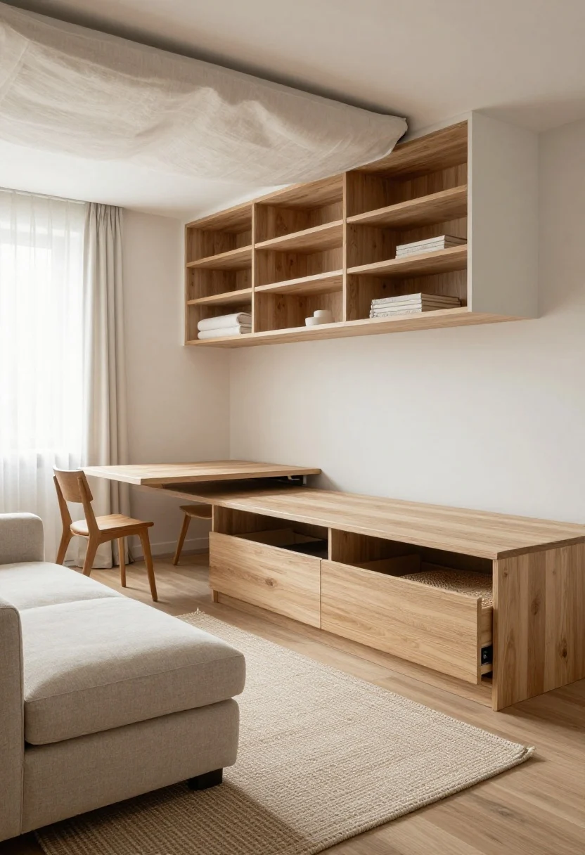 Photorealistic wide shot of a stylish studio divided into zones: a sleeper sofa floated on a 5x7 rug anchors the living zone, a ceiling-mounted curtain subtly separates a bed nook, a fold-down dining table with two stools against the wall, and double-duty storage (ottoman with lift-top, under-bed drawers partly open); add a second 5x7 rug to define dining; natural light washing over open shelving used as an airy room divider; textures: linen upholstery, light wood, woven ottoman; neutral palette with warm white walls