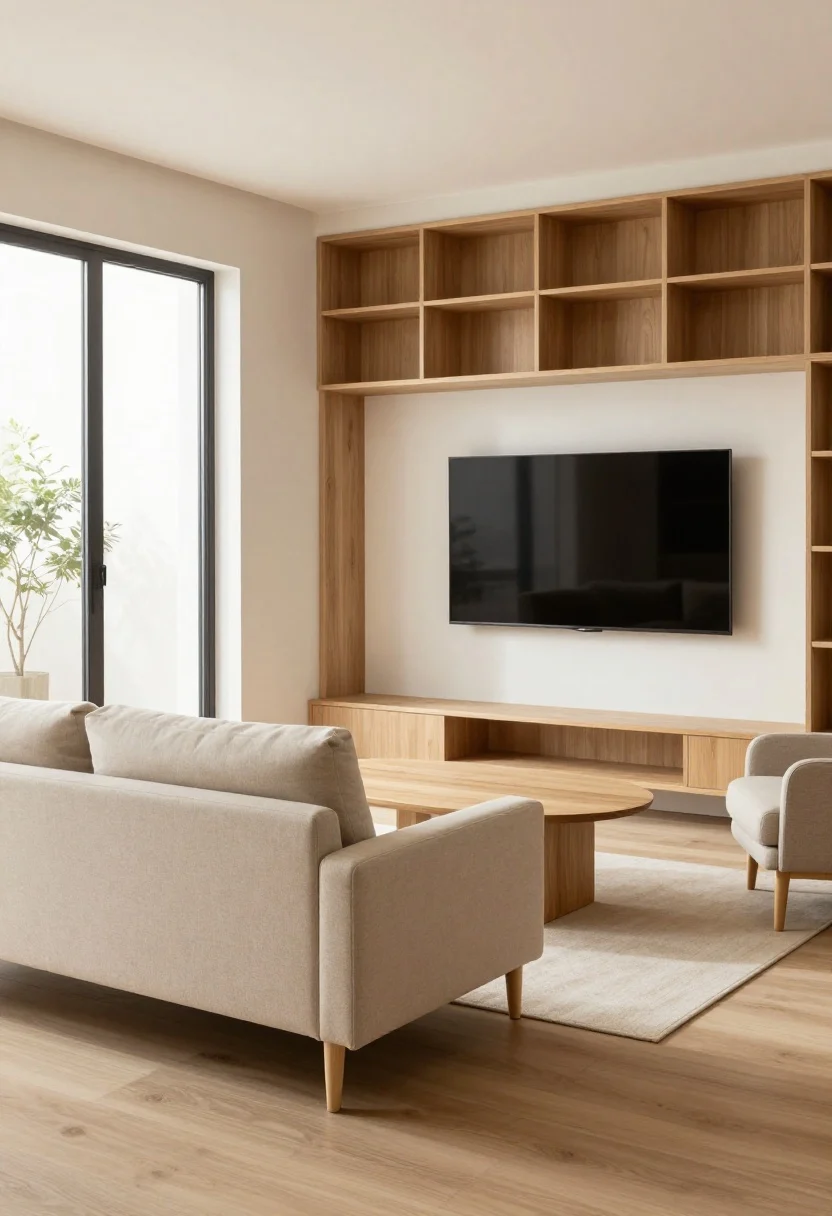 Photorealistic wide shot of a tiny living room showcasing low, light, and lifted furniture: a low-slung sofa in oat beige with slim arms and visible tapered legs, a slightly-lower-than-seat rounded-corner coffee table in light oak, and a slatted media bench with tapered legs beneath a wall-mounted TV. Include open shelving with negative space instead of a chunky bookcase, and a compact loveseat plus a matching-tone accent chair for continuity. Use light woods (oak/ash/birch), matte finishes, no glossy bulk; straight-on view from across the room, bright natural daylight enhancing airy sightlines and visible floor.