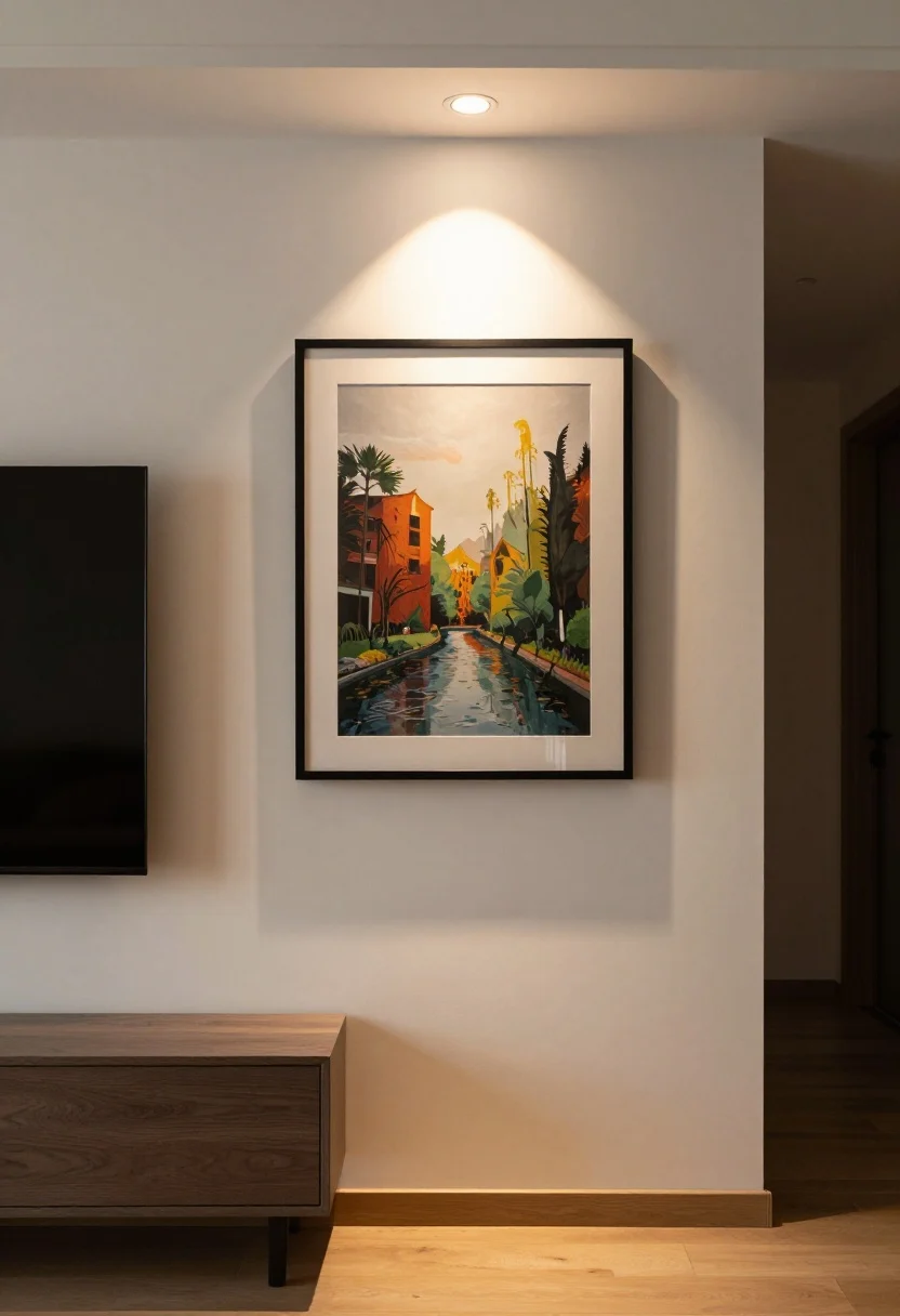 Straight-on medium shot: Art-focused wall with a battery-powered picture light centered above a framed artwork, high-CRI (90+) warm illumination rendering colors accurately. Floating shelves beneath with LED strips aimed at the back lip to create a soft, dot-free wash; a TV on the adjacent wall features subtle bias backlighting forming a modern halo. Cords hidden in paint-matched cable raceways, overall room dim with focused highlights.