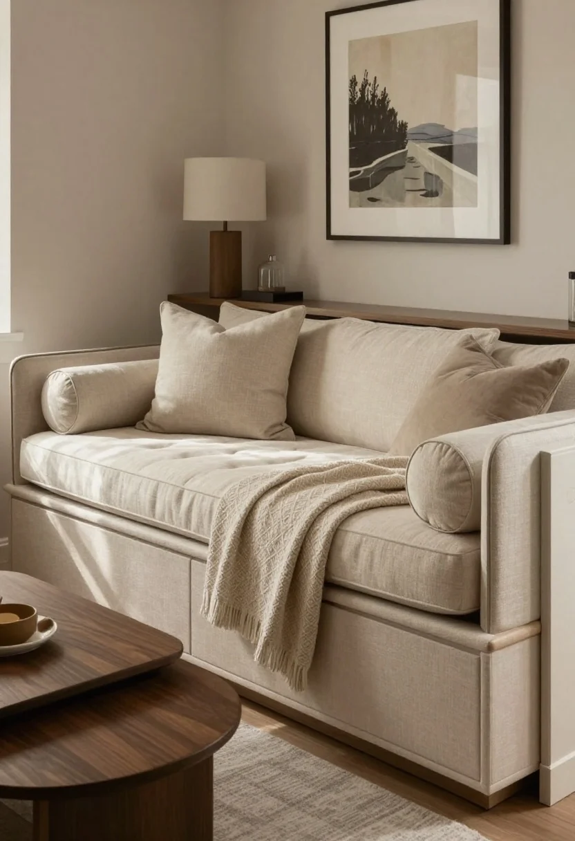 Straight-on medium shot of a daybed with built-in storage drawers in a compact living area; style focuses on selling the “sofa” illusion: back lined with 24-inch euro pillows, layered with standard shams and a cylindrical bolster; a textured throw draped across the seat to break up the mattress outline; channel-tufted upholstery in a refined oat-beige fabric; a slim console table placed behind the floating daybed holding a small lamp and framed art; nesting coffee tables in front for flexible surface area; soft afternoon light creating a calm, polished atmosphere.