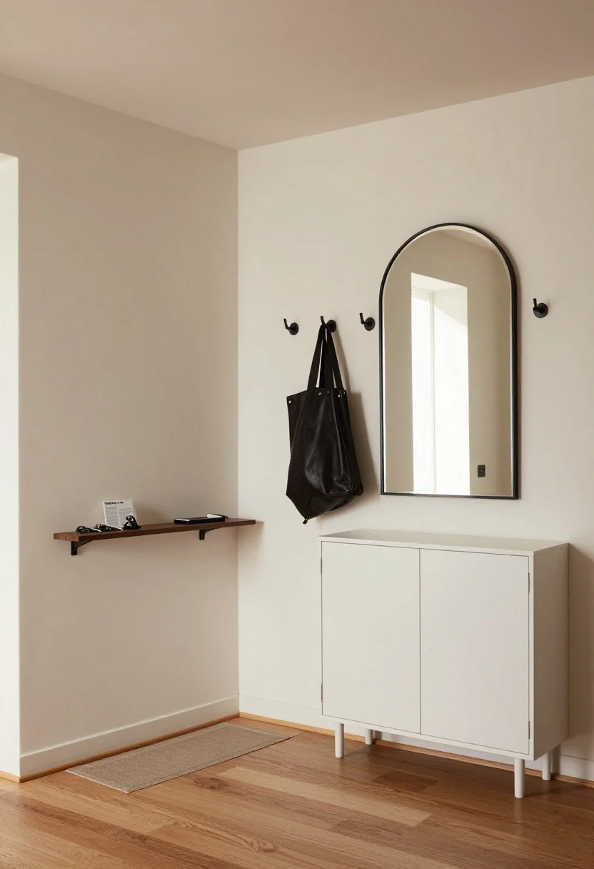 Straight-on medium shot of a fabricated entry zone inside a studio: slim wall-mounted console shelf with a tray for keys and mail, a narrow runner guiding from the door, a large arched mirror bouncing light, matte black hooks holding a bag and coat, and a 7-inch-deep white shoe cabinet with closed fronts; placed on the wall farthest from the bed to imply separation; daylight glow, minimal clutter, soft neutral tones with warm wood accents.