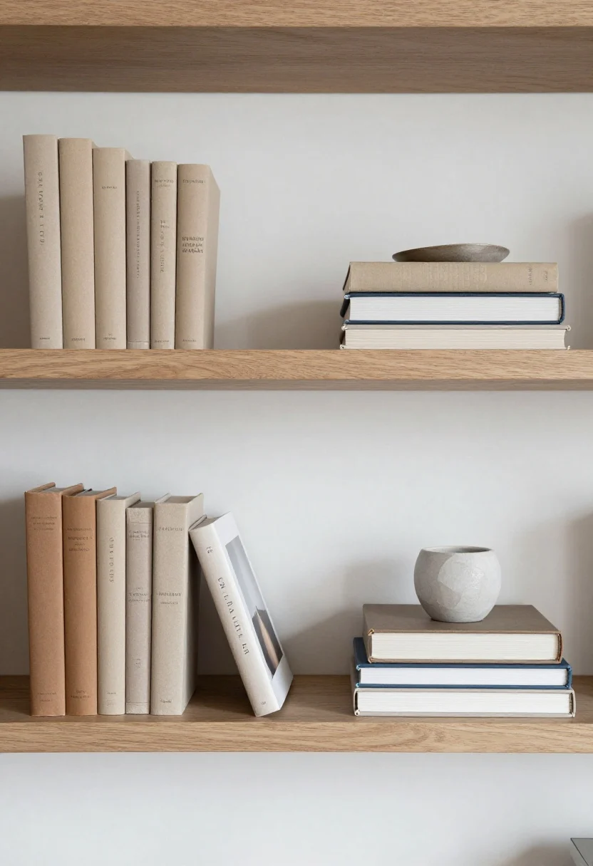 Straight-on medium shot of one long shelf mixing vertical and horizontal book styling: one vertical row of 6 books anchored on the left, one horizontal stack of 3 books on the right topped with a small object, and a single face-out artful cover leaned like art in the center; color-coordinated spines in warm neutrals with a subtle light-to-dark micro-ombre; include a couple of dust jackets turned inside out for a linen-paper look; clean white wall, matte oak shelf, diffuse daylight.