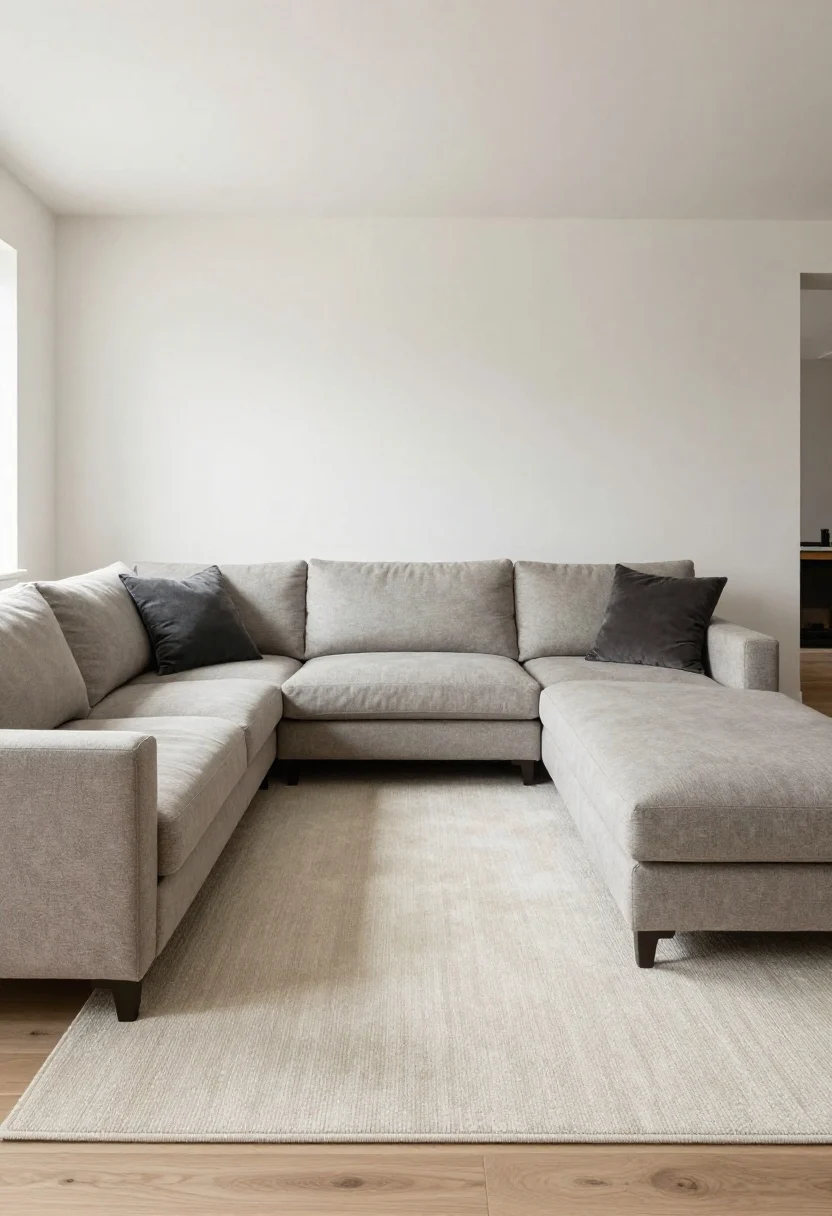 Straight-on medium-wide shot, photorealistic: A seating area where the rug matches the furniture layout rather than the room shape. A rectangular rug aligns with a sofa and two chairs, its long edge perfectly parallel to the sofa. In a version with an L-shaped sectional, the rug fills the negative space inside the L and extends beyond the chaise to anchor the corner. Any awkward architectural angles or an angled fireplace sit in the background, while the squared-up seating zone on the rug reads as the clear focal plan.