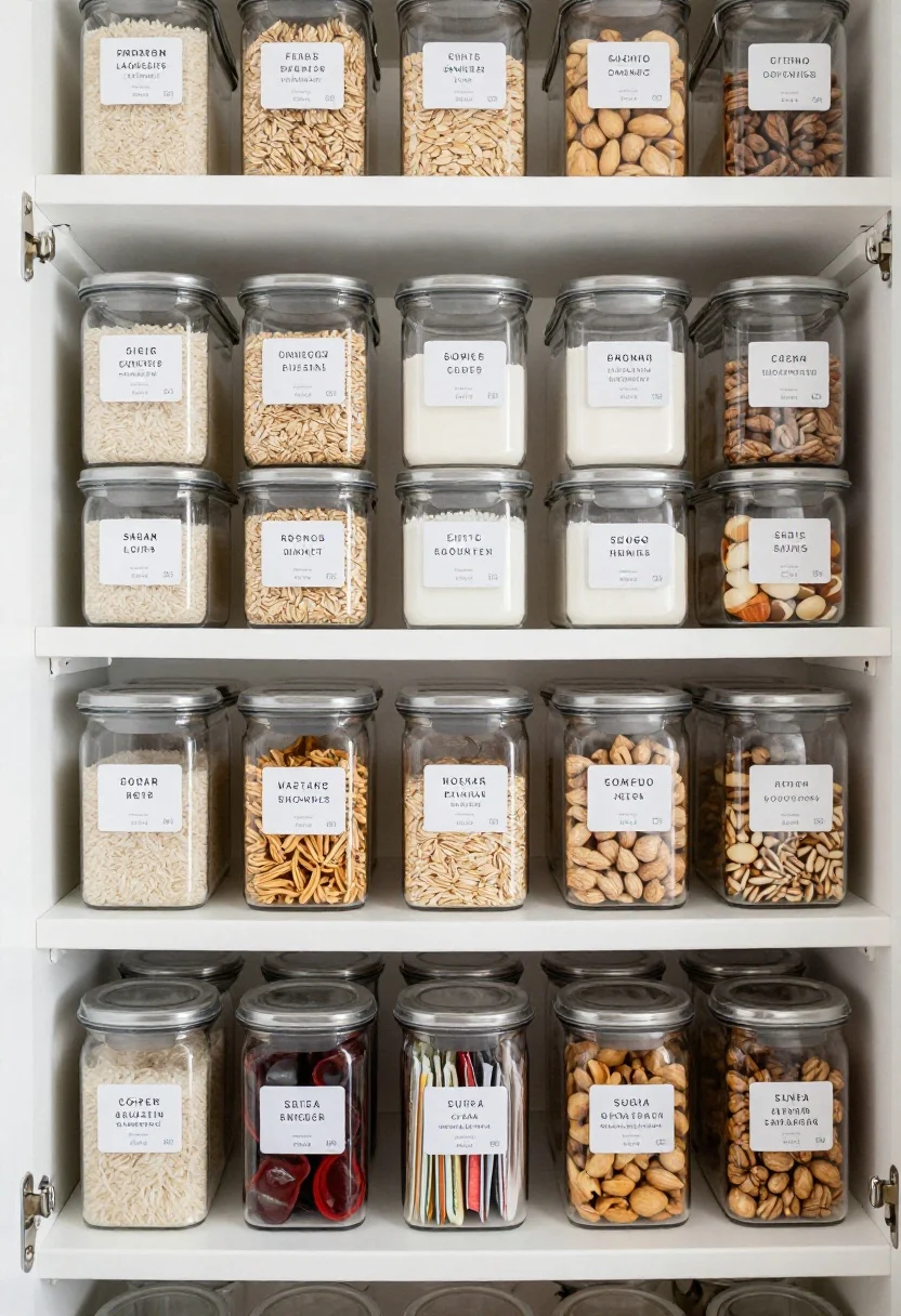 Straight-on pantry shelf closeup of smart decanting: uniform, stackable airtight containers in two sizes holding rice, oats, flour, sugar, nuts, and snacks; bold, readable waterproof labels with contents and dates. A small bin corrals assorted packets (sauces, teas, seasonings) like a mini convenience store. Skip-decant items clipped and grouped in a separate labeled bin. Clean white shelves, matching lids, soft natural light for a tidy, Instagram-worthy look.