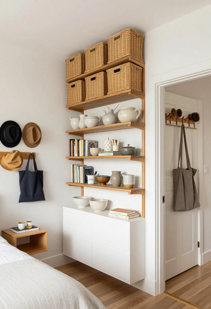 Vertical detail-heavy medium shot emphasizing upward storage: ceiling-high shelving unit with matching rattan baskets up top for off-season items, open shelves at eye level styled with ceramics and books, wall-mounted floating nightstand by the bed, peg rail with hats and a tote, and an over-door rack peeking on a nearby bathroom door; containers matching to reduce visual noise; bright, clean light, tidy and curated.