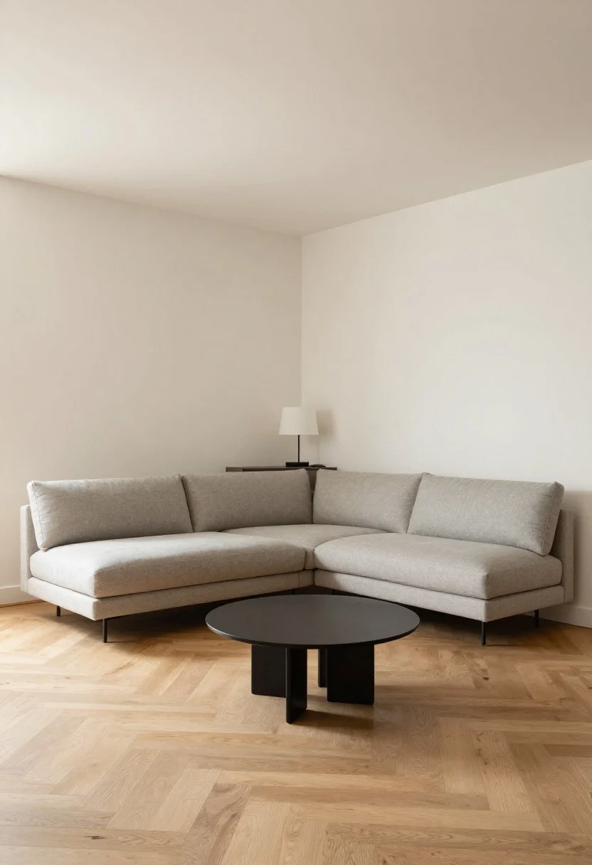 Wide corner-angle shot demonstrating floating furniture and clear aisles: sofa placed as a soft divider with its back toward the bed, a slim console behind it with a small lamp and key tray; two small swivel chairs opposite instead of a bulky sectional; round pedestal dining table and a round coffee table to keep corners open; visible 30–36 inch pathways for flow; airy negative space, light wood floors, balanced, intentional layout.