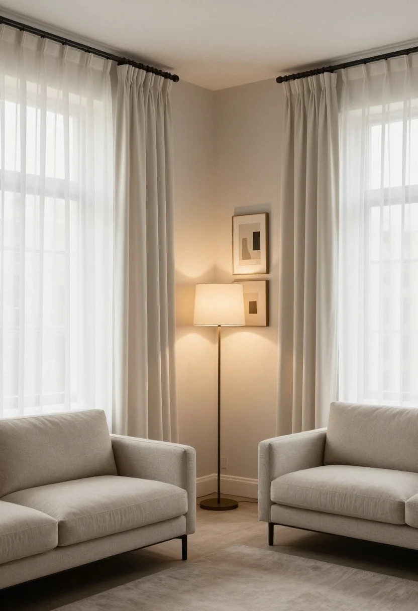 Wide corner room shot showing height echoed across the space: a continuous corner-to-corner rod mounted just below the ceiling unites windows on adjacent walls with long off-white curtains flowing to the floor; across the room, a tall narrow floor mirror and a vertical art stack mirror the curtain height; sconces mounted slightly higher than typical cast warm light upward, while a tall, slim floor lamp pools light up the wall; lower third kept uncluttered with low-profile sofa and minimal decor; overall palette is soft neutrals with black/bronze hardware accents; evening ambience with layered lighting emphasizing vertical lift; photorealistic, no people.