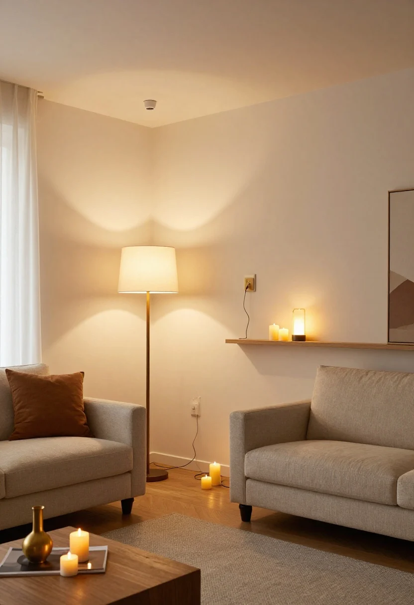 Wide living room shot (conclusion recipe): A fully layered cozy-light setup—one floor lamp as the anchor, two table lamps at staggered heights, a plug-in sconce on the wall, a slim shelf light, and accents of LED candles and a subtle string-light vignette; all bulbs warm (2700–3000K), multiple dimmers and smart plugs visible on cords. Overhead ceiling light off, harmonious glow that feels like golden hour, neutral palette with linen, wood, and brass textures.
