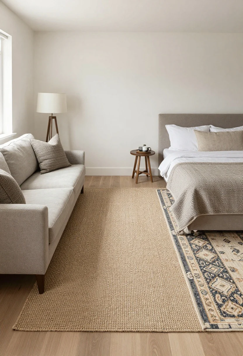 Wide, overhead floor-plan-style view of a studio “zoned” by rugs: a living area anchored by a large woven neutral rug with sofa and chair front legs on it aligned to a TV wall, and a perpendicular plush patterned rug (5' x 8') slid two-thirds under a queen bed creating a defined “sleep island”; add a slim runner suggesting a hallway; mix pattern + solid and woven + plush for clear contrast; soft morning light, clean sightlines, minimal decor for focus on rug mapping.