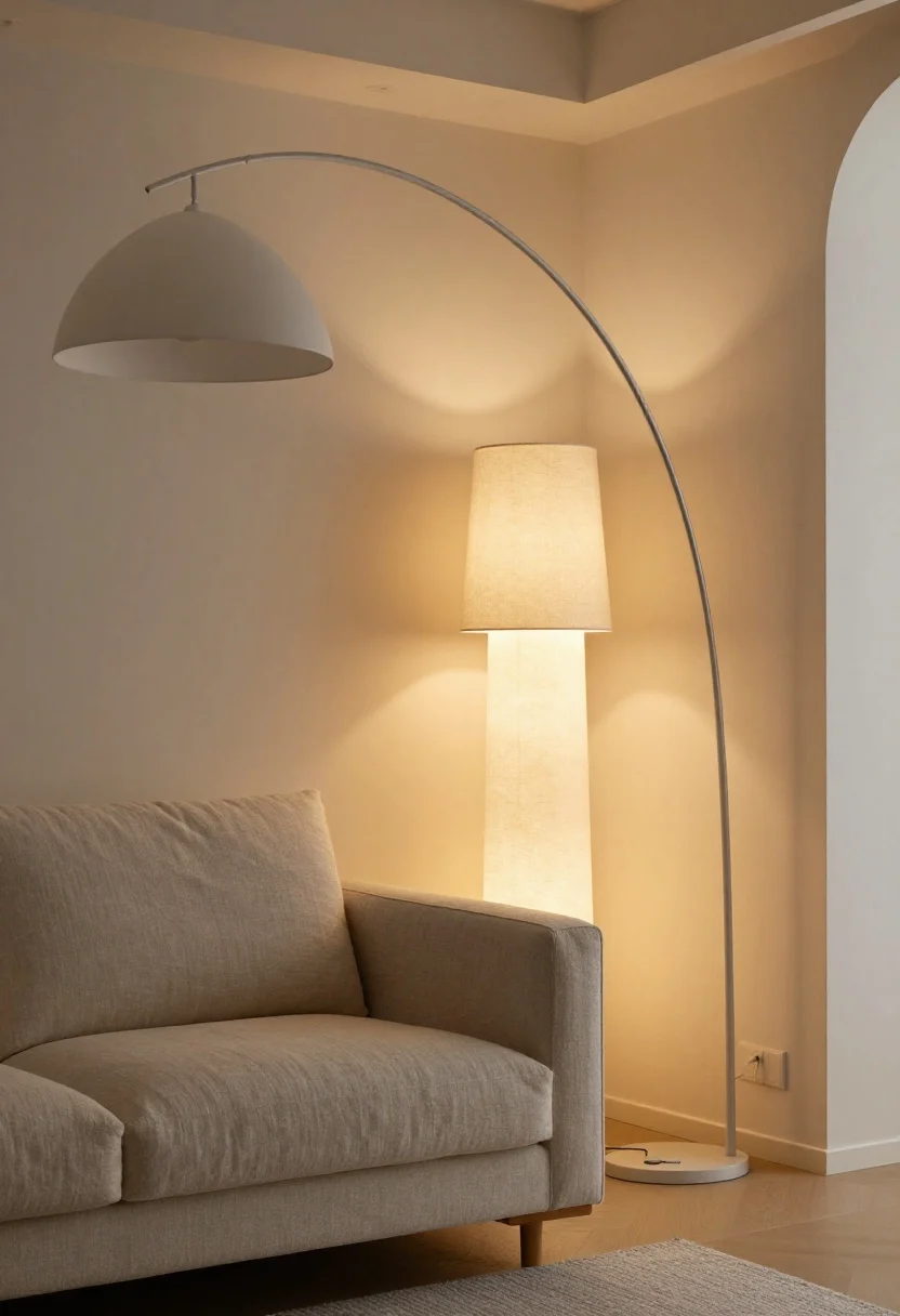 Wide room shot: A cozy living room corner anchored by an arc floor lamp curving over a linen-upholstered sofa corner, paired with a shorter column floor lamp with a linen shade; a slim uplighter tucked behind a tall plant softly washes the wall with warm light. Use warm white 2700–3000K bulbs with visible dim glow, create layered heights (tall arc plus shorter column) for depth, plug-in dimmer on the cord, soft neutral palette with natural textures (linen, wood), no overhead lights on, evening golden-hour ambiance.