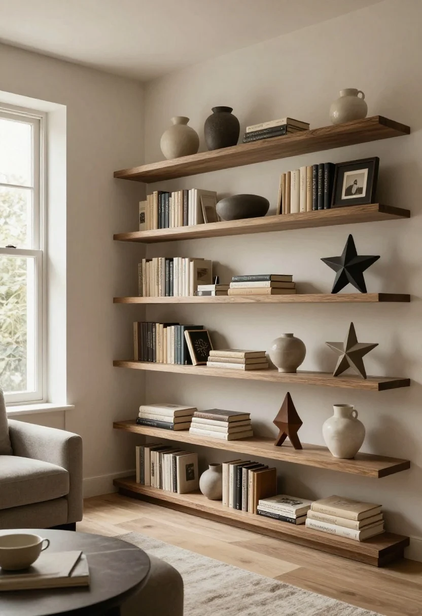 Wide room shot summarizing the finished look: a compact living area wall featuring edited, cohesive shelves that reflect the guide’s conclusions—tight palette, mixed textures (matte ceramics, glossy frames, linen books), one sculptural star per shelf, visible negative space; rhythm repeated across shelves for a calm, spacious feel; no renovation elements, just styling; soft afternoon natural light from a side window; photographed from a corner angle to show the room feeling larger.