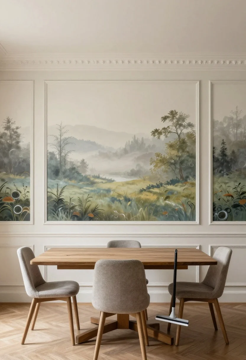 Wide shot: A dining room wall featuring a centered peel-and-stick mural of a misty landscape, “framed” by peel-and-stick molding strips painted to match the wall for a subtle Parisian panel vibe; symmetrical frames built around the mural; a plastic squeegee on a nearby chair hinting at bubble-free installation; balanced natural light, curated and intentional, photorealistic.