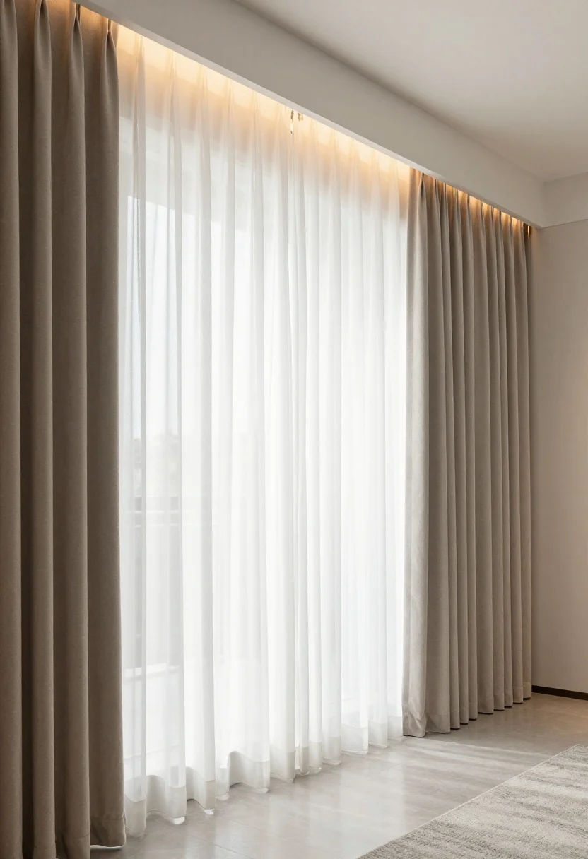 Wide shot: A wall transformed by ceiling-to-floor curtain panels hung on a discreet tension track, layered sheer white panels over heavy taupe velvet for soft architecture; extra-wide panels extending slightly beyond the wall for fullness; hidden warm LED strip lights glowing behind the drapery for ambient backlighting; straight-on view of a serene, hotel-like living area, photorealistic.