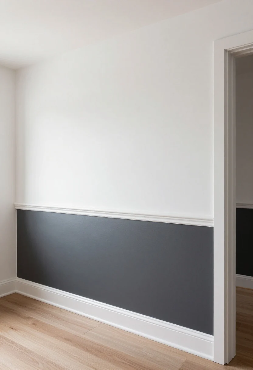 Wide shot: An entryway with peel-and-stick wainscoting made from pre-cut foam frames, rails, and stiles painted the same soft white as the wall for a built-in look; a contrasting moody charcoal lower half below a peel-and-stick chair rail strip; painter’s tape ghost lines barely visible as measured guides removed; subtle orange-peel wall texture showing through; natural daylight from the side, matte finish, clean baseboards, no nail holes, photorealistic.