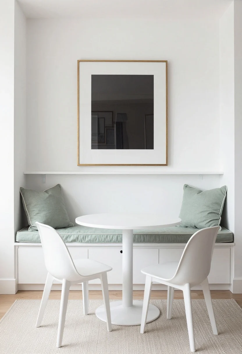 Wide shot of a built-in bench + round bistro table combo along one wall: shallow bench (about 16–20 inches deep) with hinged-lid storage, topped with tailored boxed-edge cushions with piping in a muted sage fabric; a white pedestal-base round bistro table to avoid leg clutter; two lightweight side chairs on the open table side that can tuck under; above the bench, a slim gallery ledge with tall art to emphasize verticality; clean, wall-hugging layout that frees the room center for movement and a petite rug; even, bright daylight highlighting the multi-zone, efficient footprint.