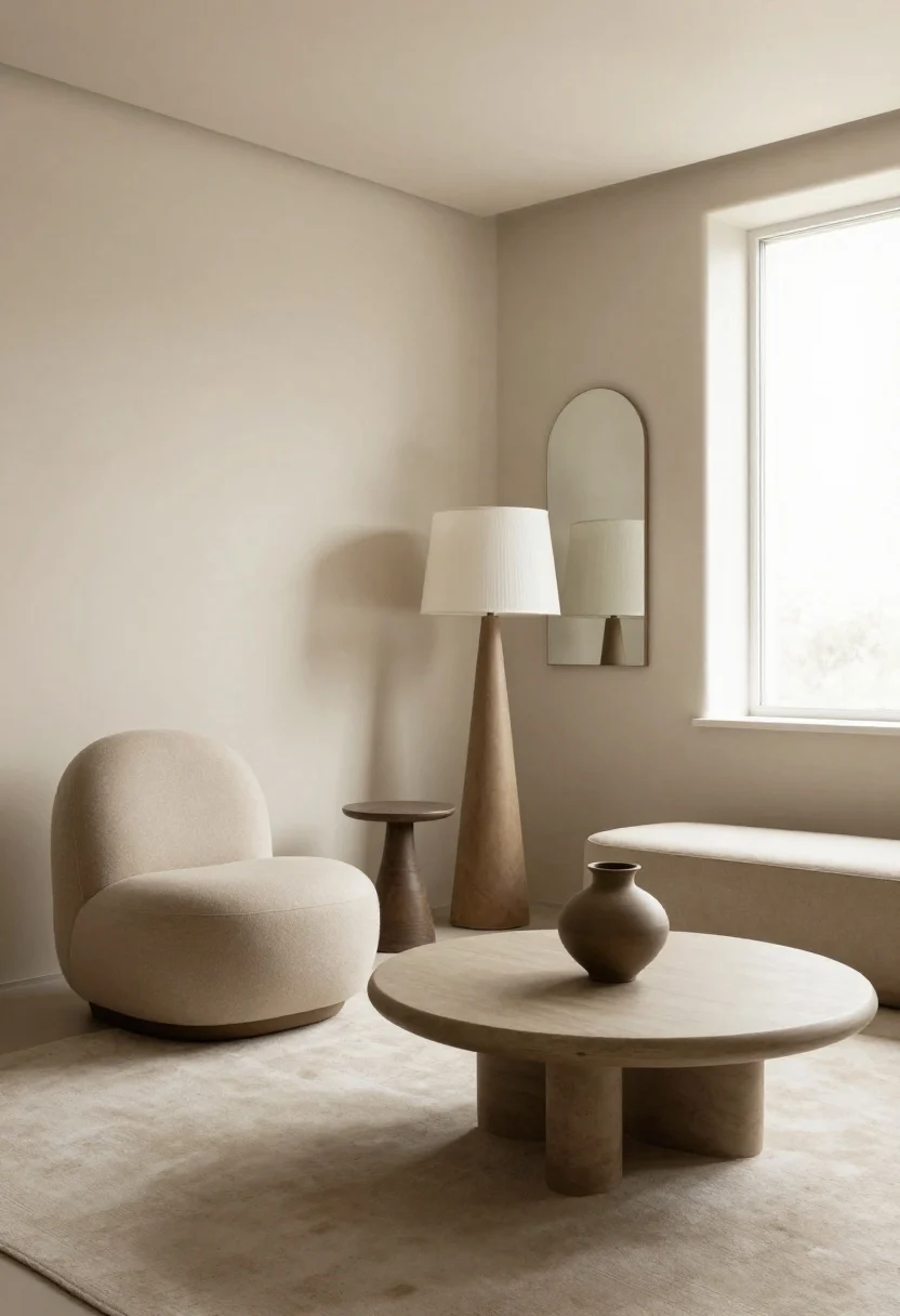 Wide shot of a compact living area highlighting sculptural shapes: a rounded barrel-back side chair, an oval coffee table with softly curved edges, a tripod floor lamp, and a fluted ceramic vase on a console; include a pleated lampshade and an arched wall mirror to soften the boxy room; neutral palette (cream, mushroom, taupe) so shape is the star; clean floor flow with curves; bright but diffused daylight from a window; corner angle perspective, photorealistic.