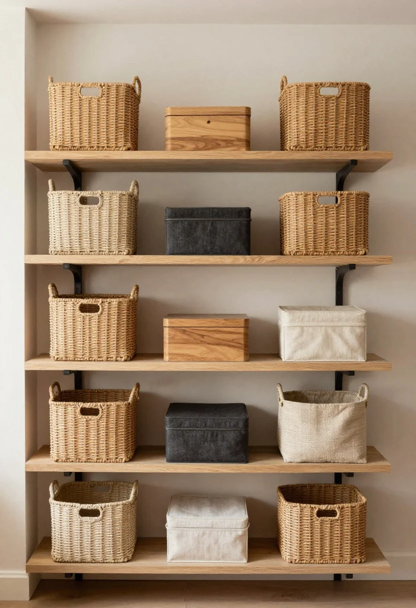 Wide shot of a small living room wall with multiple shelves balancing open space and stylish storage: woven baskets for cords, fabric bins in flax/charcoal/cream, and lidded wood and lacquer boxes interspersed with airy display zones; apply the one-third storage, two-thirds display ratio; repeat materials across different levels (two matching baskets on separate shelves); visible 6–8 inch negative space gaps; warm neutral palette, natural morning light, slight corner angle to show breadth without clutter.