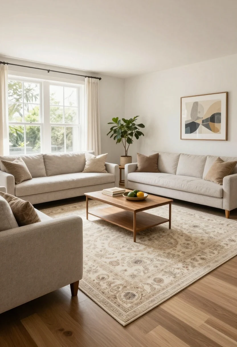 Wide shot, photorealistic: A compact living room anchored by an oversized 8' x 10' rug that extends beyond the width of a standard sofa by 6–12 inches on each side, corralling the sofa, armchairs, and coffee table as one cohesive zone. Avoid any tiny “postage stamp” rugs—only the large rug is present. Natural daylight and balanced lamp lighting highlight how the bigger rug visually stretches the room and pushes the walls outward, reducing visual clutter.