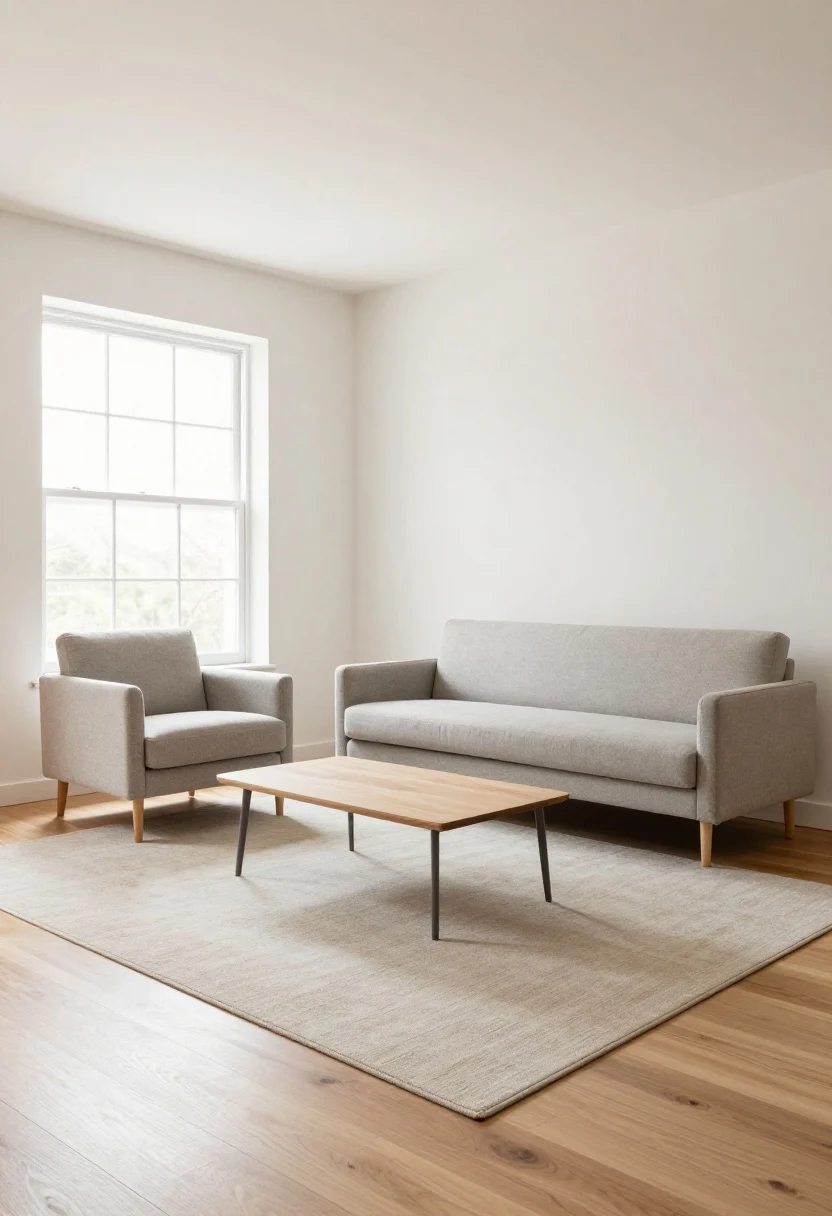 Wide shot, photorealistic: A small living room with furniture “floated” on a large neutral rug, front two legs of a slim-legged sofa and two accent chairs resting on the rug, with 6–12 inches of hardwood floor visible around the seating zone. The rug forms a defined conversation island with a low-profile coffee table centered. Light, airy mood with soft natural daylight from a side window, uncluttered walls, and visible breathing room around the arrangement to emphasize the floating layout.
