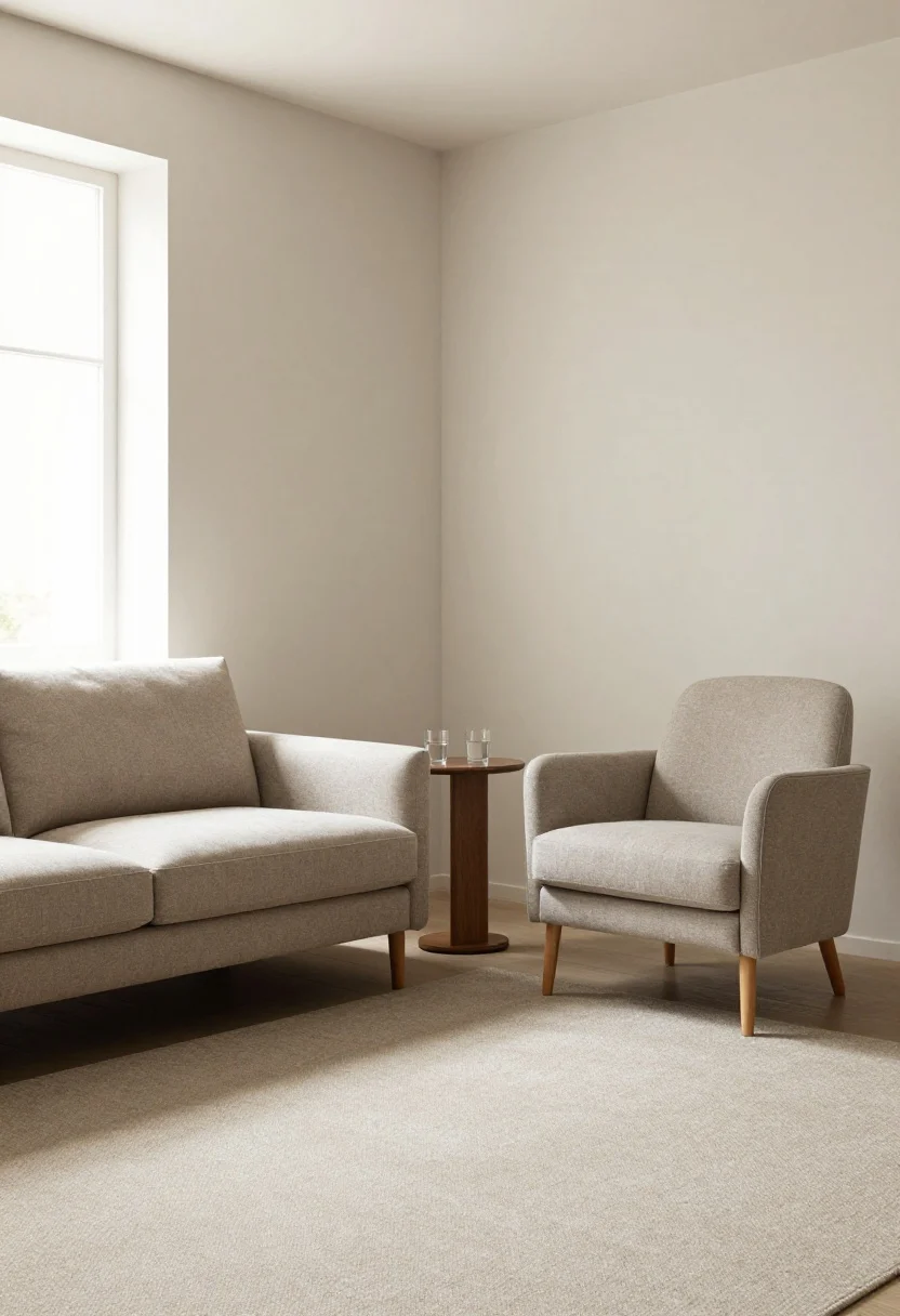 Wide shot, small living room corner with a compact loveseat and a slim-profile lounge chair arranged as a conversation zone; the chair angled 10–15 degrees toward the loveseat with a narrow 8–12 inch side table between them holding two glasses; both pieces in tone-on-tone neutrals (light taupe loveseat with curved corners, warm gray lounge chair) and raised tapered wood legs to show more floor; shallow-depth silhouettes (about 30–33 inches) to keep pathways clear; soft natural daylight from a side window, minimal decor, performance-fabric upholstery hinted by a subtle, tightly woven texture; airy, uncluttered feel with a petite rug that doesn’t dominate the space.