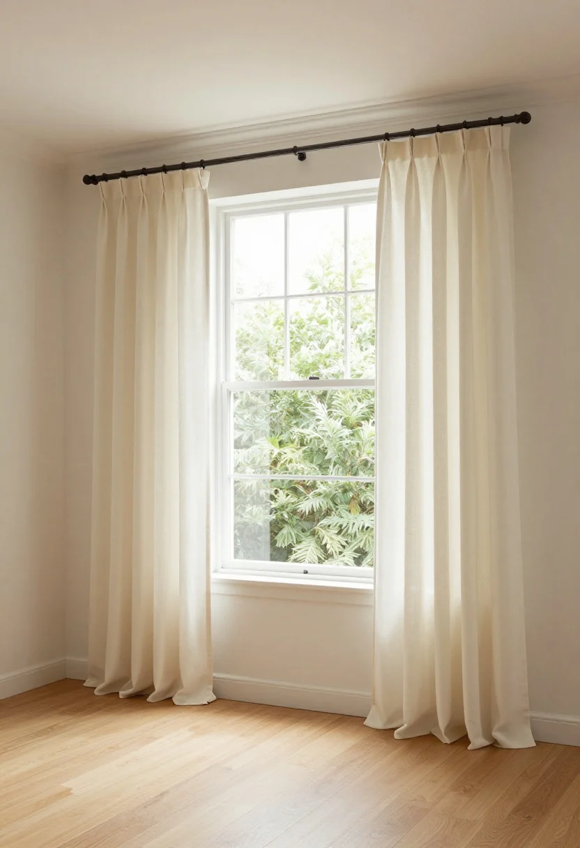 Wide, straight-on room shot of a living room with low ceilings where curtain rods are mounted 2–6 inches below the ceiling line, extended 6–10 inches past each side of a mid-size window; long ivory curtains hemmed to “kiss” the warm oak floor with a tiny break, no puddling; lightweight rod installed into studs with discreet toggle anchors for sturdiness; abundant natural daylight pouring through the revealed glass, showcasing a wider-looking window; neutral walls in soft warm white, simple crown molding, minimal furniture kept out of frame edges to emphasize the tall, high-hung panels and the widened rod span; photorealistic, airy, crisp, no people.