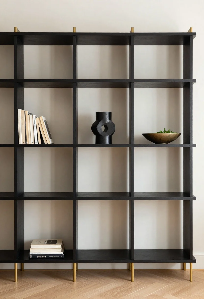 Wide, straight-on shot demonstrating the “Rule of Thirds” shelving method across two stacked shelves: divide each shelf into left/center/right zones; top shelf—left anchor with vertical books or leaned art, center statement stack with a sculptural object, right soft landing with a plant or bowl; bottom shelf—flip the pattern (anchor right, statement center, soft landing left); cohesive palette in black, oak, brass, and cream; balanced negative space; even daylight for clarity.