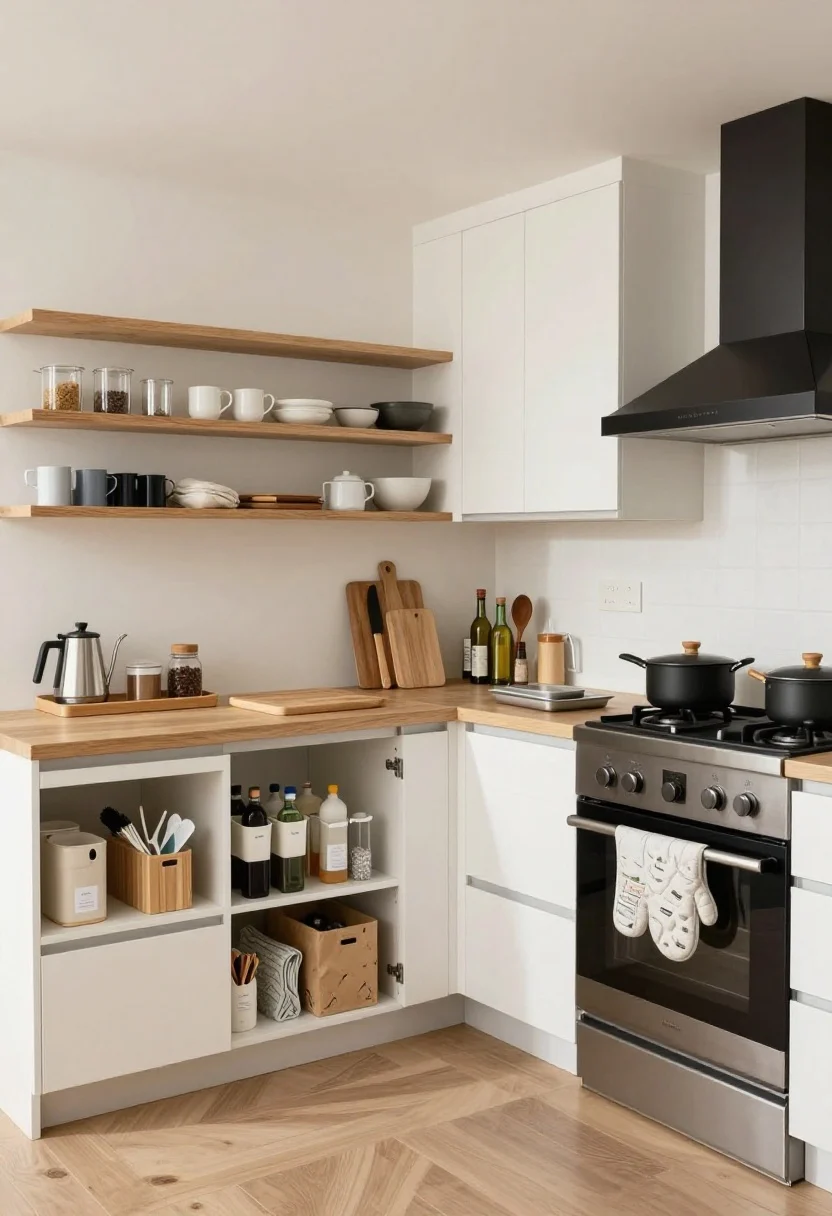 Wide, straight-on view of a compact kitchen laid out by clear task zones: left side shows a coffee/tea station on a tray with mugs, kettle, beans, filters, and sweeteners; center prep zone near the largest counter with cutting boards, knives, mixing bowls, oils, salt and pepper; right cooking zone by the stove with pots, pans, wooden spoons, oven mitts, and sheet pans; under-sink cabinet ajar revealing a tidy cleaning zone with caddies for dish soap, brushes, towels, compost bags. Subtle shelf and bin labels visible. Soft, even daylight; cohesive white + warm wood + matte black accents.
