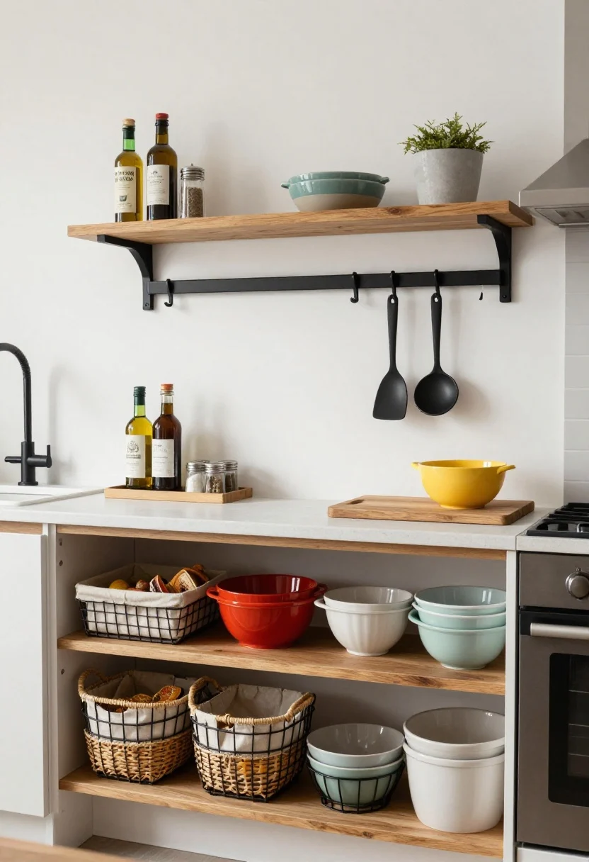 Wide, styled shot of a tiny kitchen where form meets function: cohesive palette of white + warm wood + matte black. A stone or wood counter tray corrals oils, salt cellar, and a small plant; rattan and wire baskets with fabric liners for snacks/produce on an open shelf; matte black matching hooks and rails holding curated tools; attractive cutting board displayed while brightly colored mixing bowls are tucked away. Warm ambient lighting, balanced minimal decor that looks intentional and easy to maintain.