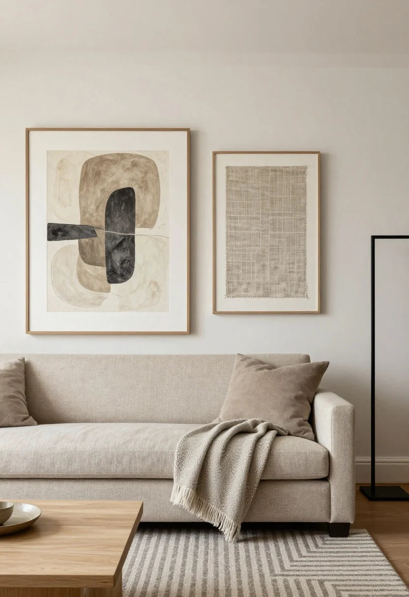 Wide wall-focused shot adding neutral art and pattern: above a sand-toned sofa, an oversized abstract artwork in cream, taupe, and charcoal; next to it, a framed linen textile or a subtle neutral kilim hanging; tone-on-tone patterns layered in the room—a herringbone throw over the sofa and a micro-check or thin-stripe rug under a light coffee table; one high-contrast black element (a slim black frame or lamp base) to anchor; balanced, serene lighting; corner angle, photorealistic.