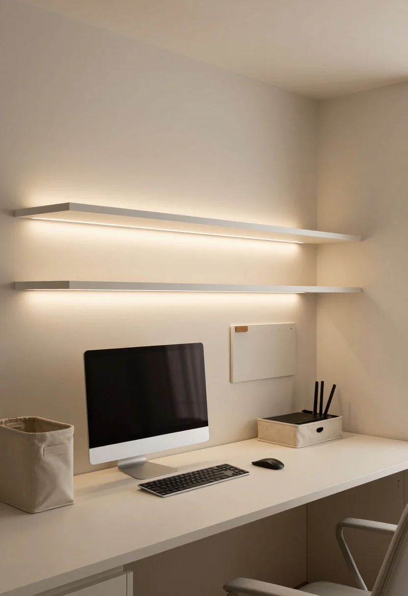 5-inch-thick desktop on three hidden cleats. Above the desk, two 10–12 inch-deep shelves rise vertically with at least 15 inches of clear space above the work surface; between shelves, add a pinboard/cork strip. Materials and colors match trim (painted semi-matte off-white) for an integrated look. Illuminate the cavity with a CRI 90+ LED strip under the lowest shelf (3000–3500K) in a diffuser channel, dimmed for comfortable task lighting. Cable management: a rear cable trough/raceway keeps chargers off the surface; a neutral-texture lidded fabric box hides a router/backup drive. Include a single monitor, keyboard, and a small catchall to avoid clutter. Soft shadows accentuate the niche depth; no people.