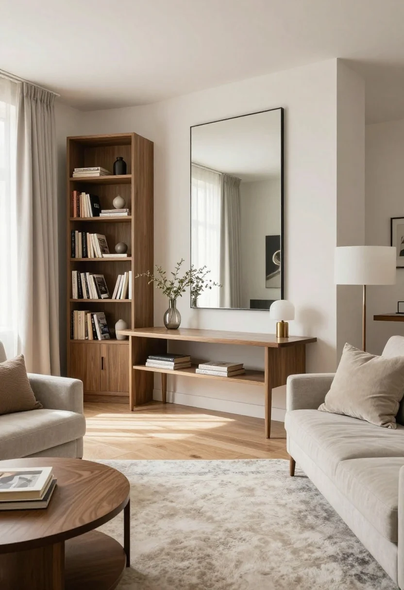 A calm, photorealistic wide shot of a small apartment living area capturing the “big energy” conclusion: edited surfaces, high-and-wide curtains, a prominent mirror amplifying light, vertical bookcase storage, a multifunctional lift-top table, a light low-contrast palette with layered textures, clear pathways defined by rugs, and polished finishing touches like statement lighting and cohesive textiles. No people; bright, airy daylight that makes the space feel twice as spacious.