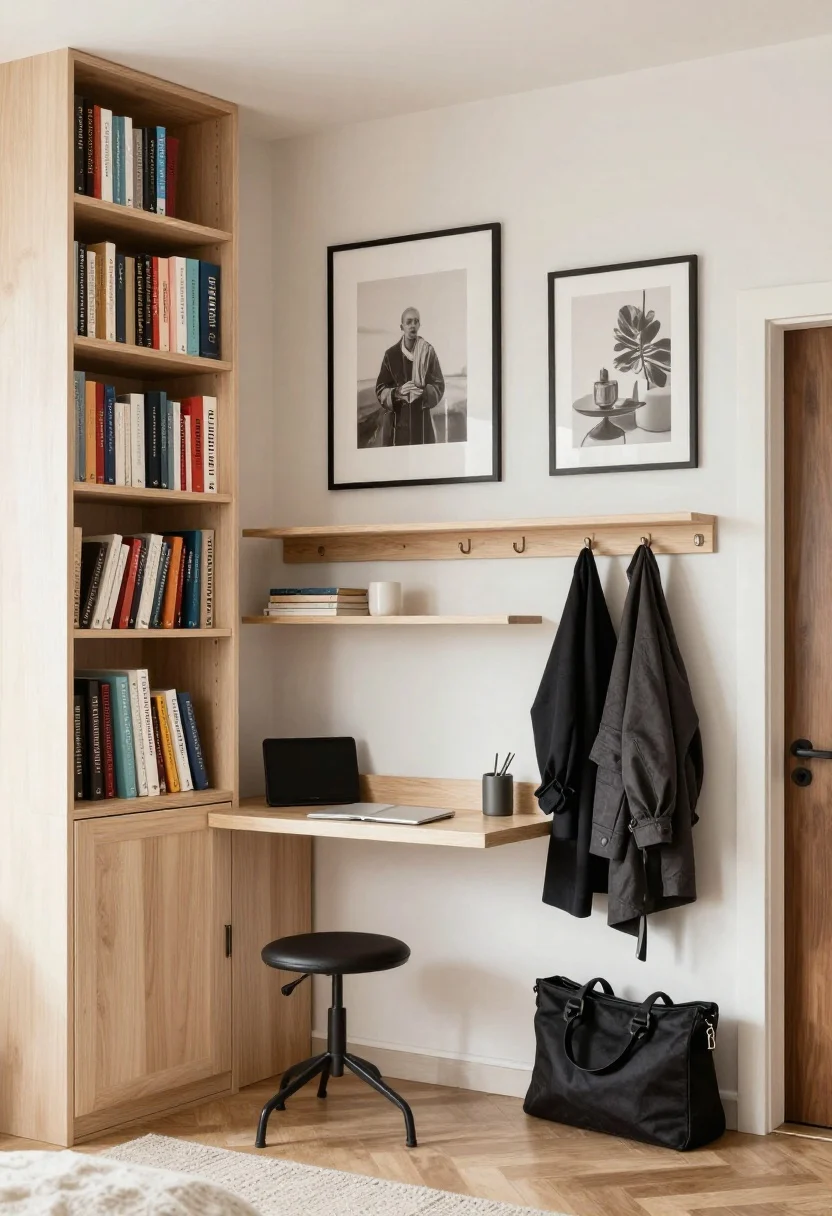 A corner-angle medium shot of vertical storage: tall bookcases nearly to the ceiling with doors on the lower half to hide clutter, styled floating shelves above a compact desk with generous breathing space between objects, and a run of peg rails with hooks managing coats and bags by the entry. Art is hung higher than expected: one oversized statement piece centered at about 60–62 inches with a second frame stacked above to stretch the eye upward. Clean lines, bright neutral walls, and natural daylight.