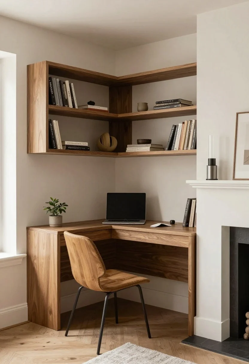 A corner-angle, photorealistic shot of a built-in niche/alcoVe desk spanning wall-to-wall in a 50-inch recess beside a chimney, custom-fit with a