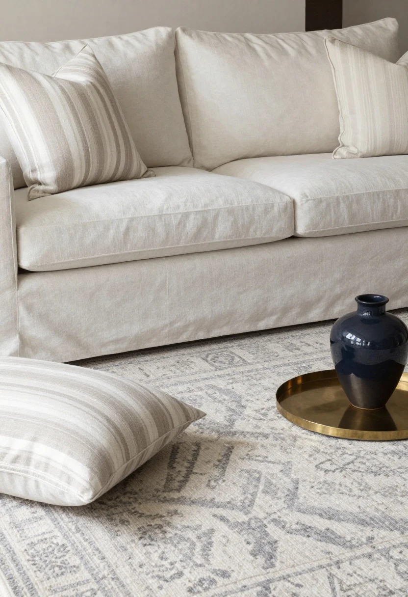 A detailed closeup of color, pattern, and texture harmony: a soft white and pale taupe monotone scheme on a linen sofa with layered pillows; one larger-scale patterned area rug beneath in misty gray tones; a pair of subtle striped pillows elongating the lines; and a small dark accent—navy ceramic vase or charcoal lamp—providing grounding. Include reflective finishes: a brushed brass tray and a glossy ceramic object catching natural light for a serene, low-contrast feel.