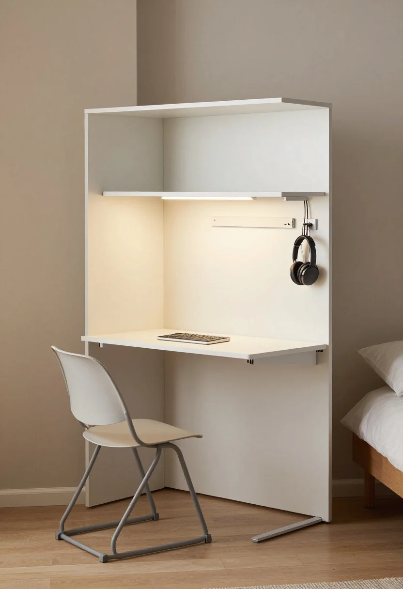 A medium, straight-on photorealistic scene of a fold-down wall desk (Murphy-style) in a small studio/bedroom, shown open at a comfortable 28–30 inch desk height. The unit has a white or wall-colored front, gas-strut/soft-close hinges, and a slim internal shelf holding a small keyboard and notebook. Warm-neutral lighting: a 3000–3500K plug-in sconce mounted above plus a subtle LED puck glow inside; add a magnetic strip inside the door holding neatly organized cables and a compact headset. Include a slim folding chair (16–18 inch seat depth) pulled up, with a bed just out of frame to the side to suggest multi-use. When imagined closed, the desk reads as a simple flat panel/memo board to reduce visual noise. Minimal decor, calm palette, tidy cords. No people.