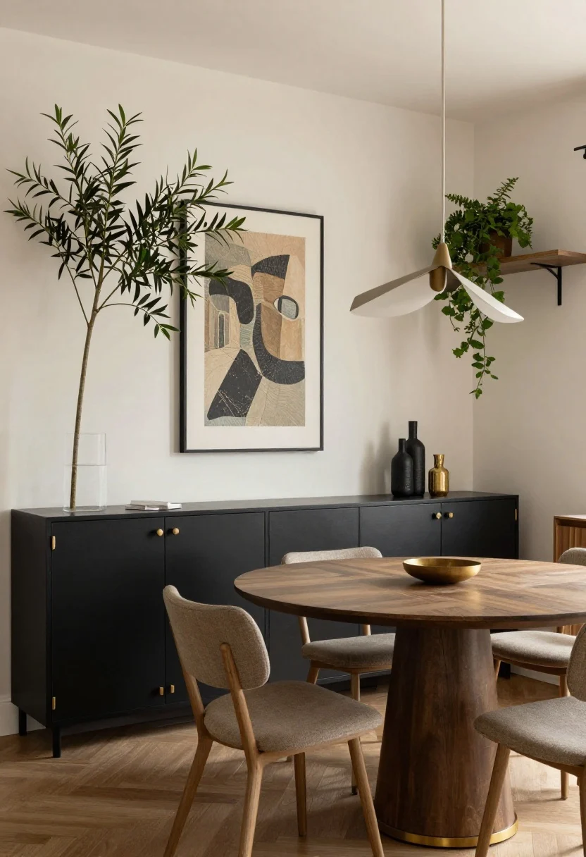 A medium, straight-on shot highlighting luxe-on-a-budget style moves: cabinet hardware swapped to matte black or unlacquered brass, a sculptural pendant over a compact dining nook, and one oversized art piece or tapestry creating a clean, architectural focal point. Strategic greenery includes a tall, slim plant (olive or fiddle-leaf) drawing the eye up and a trailing plant placed high on a wall shelf to soften a corner. Warm, inviting lighting with a refined, intentional vibe.