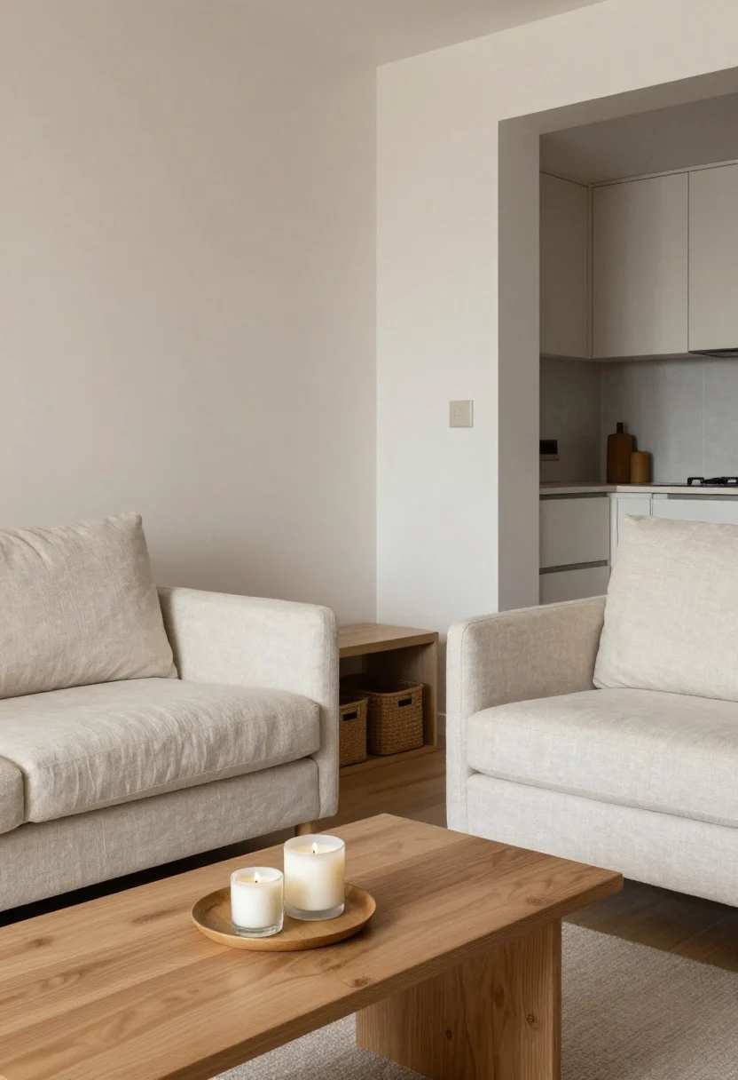 A medium, straight-on shot of a curated small living room corner: a 72–80 inch petite linen sofa with narrow arms, a slim-armed accent chair, clear counters and an edited coffee table holding just one candle and a small tray; lidded baskets tucked under a bench, a slim drawer divider visible in an open kitchen drawer in the background, and a small catchall by the door. Calm, uncluttered mood with soft natural daylight, showcasing “fewer, better” pieces and right-sized furniture.